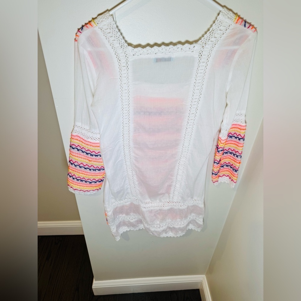Letarte Handmade White W Vibrant Crochet Embroidered Cotton Coverup Size XS - Picture 8 of 8
